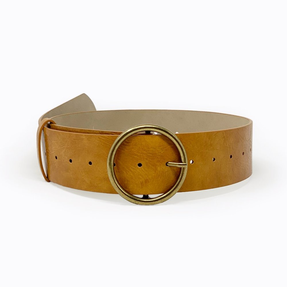 Macy's | Wide Faux Leather Round Brass Buckle Belt | NWT